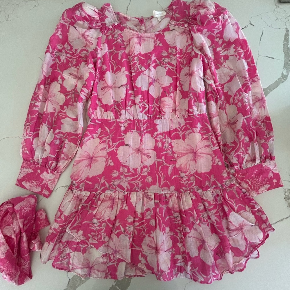 LoveShackFancy Pink Mini Dress with Floral Pattern